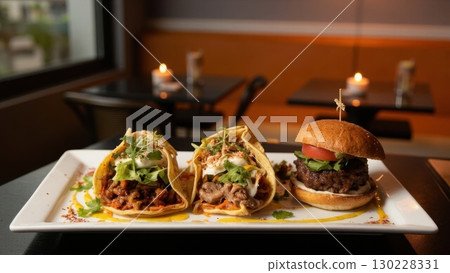 Delicious tacos and burger served on white plate in cozy restaurant setting 130228331