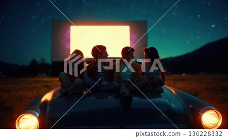 Friends watching movie at drive in cinema from car hood at night 130228332