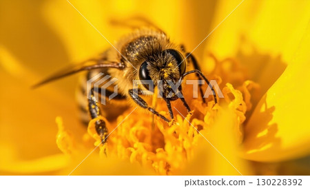 Honey bee pollinating yellow flower close up macro 130228392