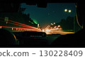 Driving car at night with light trails and city lights in background 130228409