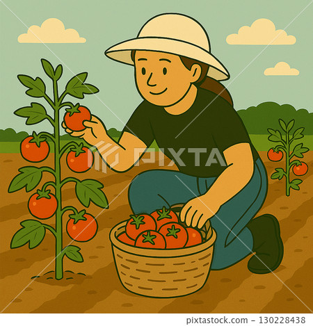 田裡收割西紅柿的婦女 130228438
