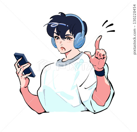 Icon illustration of a man listening to music with headphones and looking at his smartphone. Inspiration, discovery, pointing up 130228454