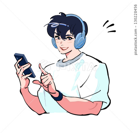 Icon illustration of a man listening to music with headphones and looking at his smartphone. Inspiration Discovery 130228456