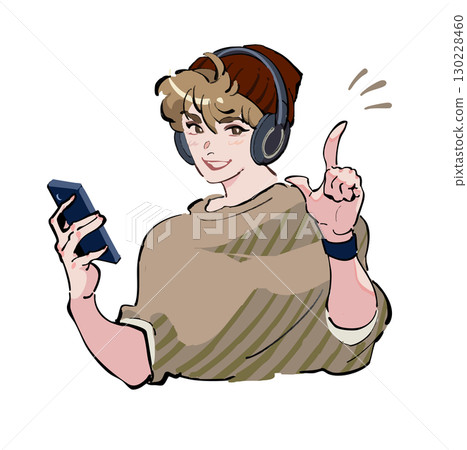 Icon illustration of a man listening to music with headphones and looking at his smartphone. Inspiration, solution, recommendation. 130228460
