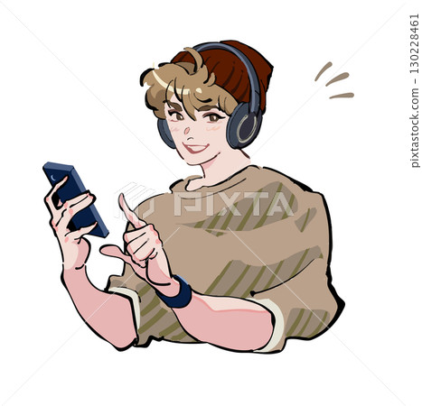 Icon illustration of a man listening to music with headphones and looking at his smartphone. Inspiration, discovery, smile. 130228461