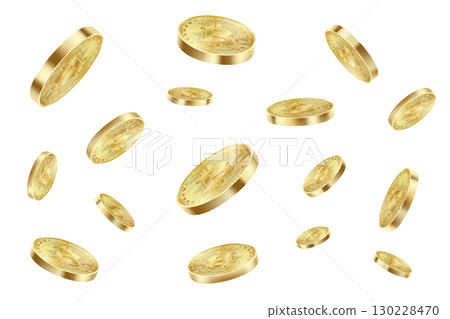 Bitcoin coins flying isolated on a white background. Bitcoin virtual cryptocurrency explosion. Realistic 3d Vector illustration. 130228470