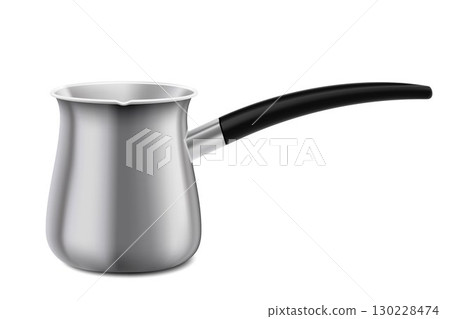 Steel coffee pot. Traditional Turkish cezve coffee brewing kitchen utensils. Realistic 3d vector illustration, isolated on white background 130228474