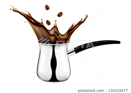 Steel coffee pot with a coffee splash. Traditional Turkish cezve coffee brewing kitchen utensils. Realistic 3d vector illustration, isolated on white background 130228477