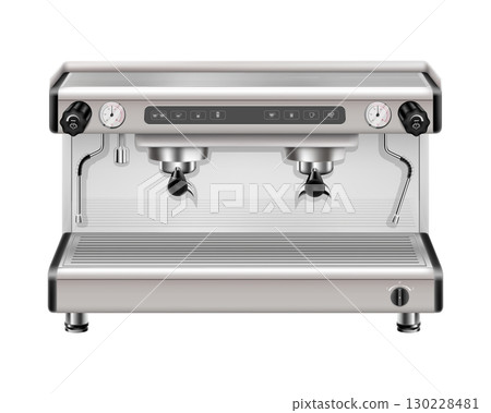 Modern metal professional coffee machine on two cups front view realistic 3d rendering isolated on white background. Espresso cappuccino coffee maker steam frothing machine Modern metal professional coffee machine on two cups front view realistic 3d rendering isolated on white background. Espresso cappuccino coffee maker steam frothing machine 130228481