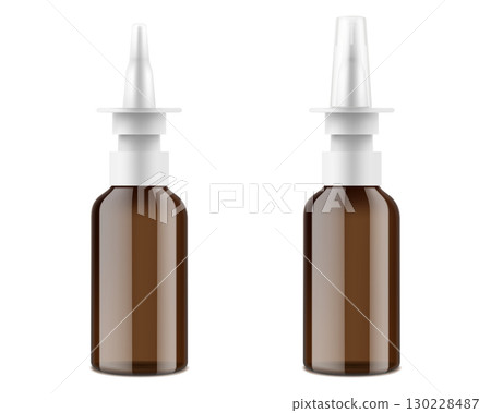 Amber Glass Nasal Spray Bottle. Realistic medical containers, packaging mockup template. 3d vector illustration Amber Glass Nasal Spray Bottle. Realistic medical containers, packaging mockup template. 3d vector illustration 130228487