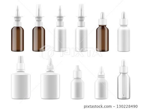 Dropper and spray bottles mockup set. 3d Realistic medical containers for nasal, eye drops, aromatic oil. Vector isolated plastic and glass bottles with screw lids on white background 130228490