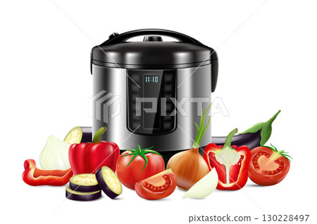 Multi Cooker and bunch of fresh vegetables , realistic 3d vector composition with image of crock pot electric appliance for kitchen, isolated on white background Multi Cooker and bunch of fresh vegetables , realistic 3d vector composition with image of crock pot electric appliance for kitchen, isolated on white background 130228497