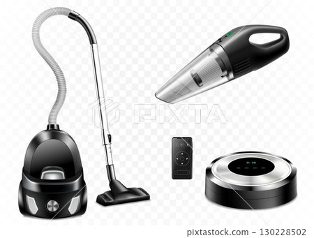 Set of realistic vacuum cleaners of various types isolated on white background, 3d vector illustration. Hand car vacuum cleaner, robotic vacuum cleaner 130228502