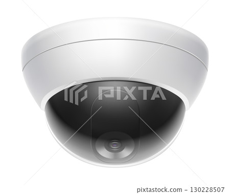 Security camera. White CCTV surveillance system. Territory or premises watching and control, safety measure, police service. Vector 3d realistic illustration isolated on white background 130228507