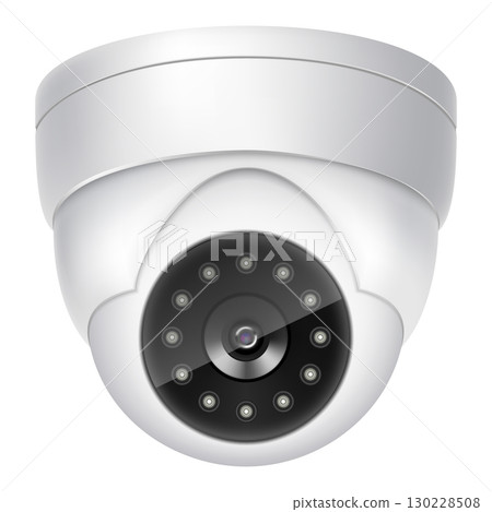 Security camera. White CCTV surveillance system. Territory or premises watching and control, safety measure, police service. Vector 3d realistic illustration isolated on white background Security camera. White CCTV surveillance system. Territory or premises watching and control, safety measure, police service. Vector 3d realistic illustration isolated on white background 130228508
