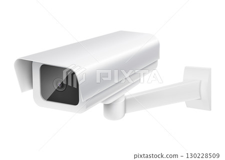 Security camera. White CCTV surveillance system. Monitoring, guard equipment, burglary or robbery prevention. Vector 3d realistic illustration isolated on white background Security camera. White CCTV surveillance system. Monitoring, guard equipment, burglary or robbery prevention. Vector 3d realistic illustration isolated on white background 130228509