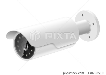 Security camera. White CCTV surveillance system. Monitoring, guard equipment, burglary or robbery prevention. Vector 3d realistic illustration isolated on white background Security camera. White CCTV surveillance system. Monitoring, guard equipment, burglary or robbery prevention. Vector 3d realistic illustration isolated on white background 130228510