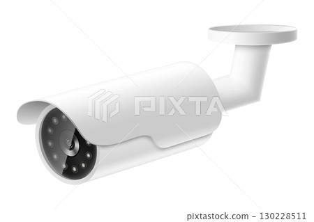 Security camera. White CCTV surveillance system. Monitoring, guard equipment, burglary or robbery prevention. Vector 3d realistic illustration isolated on white background Security camera. White CCTV surveillance system. Monitoring, guard equipment, burglary or robbery prevention. Vector 3d realistic illustration isolated on white background 130228511