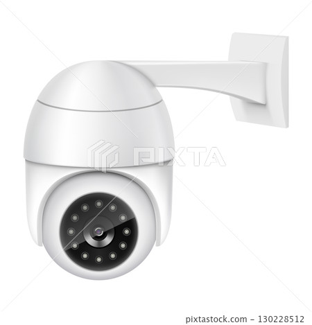 Security camera. White CCTV surveillance system. Monitoring, guard equipment, burglary or robbery prevention. Vector 3d realistic illustration isolated on white background 130228512
