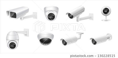 Closed circuit television cameras realistic set. External cctv. Surveillance equipment. Security monitoring system for smart home, company. Vector realistic cctv isolated on white background. Closed circuit television cameras realistic set. External cctv. Surveillance equipment. Security monitoring system for smart home, company. Vector realistic cctv isolated on white background. 130228515