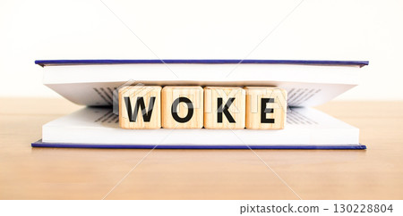 Woke question symbol. Concept word Woke question on beautiful wooden blocks in book. Beautiful wooden table white background. Business, lifestyle, support and woke question concept. Copy space. 130228804