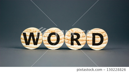 Word symbol. Concept word Word on beautiful wooden circles. Beautiful grey table grey background. Business, lifestyle, support and word concept. Copy space. 130228826