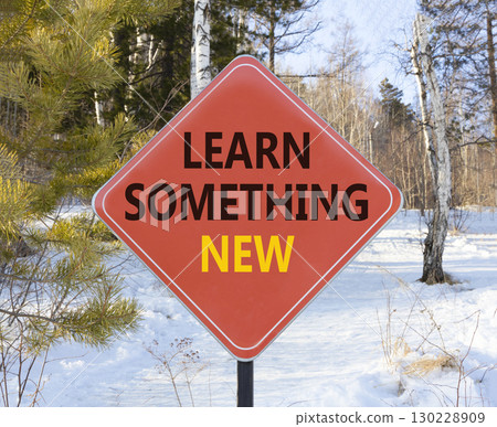 Learn something new symbol. Concept words Learn something new on beautiful red road sign. Beautiful winter forest background. Business motivational lifestyle learn something new concept. Copy space Learn something new symbol. Concept words Learn something new on beautiful red road sign. Beautiful winter forest background. Business motivational lifestyle learn something new concept. Copy space 130228909