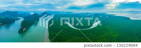 An aerial view of the Panyee Islands, with many islands and intact mangrove forests. 130229004