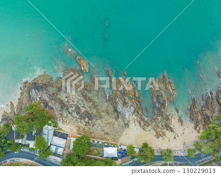 Aerial top view over Patong beach dolphin circle. 130229013