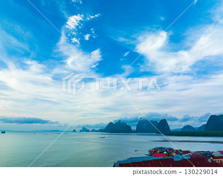 Aerial top view Colorful house roofs on a village on Koh Panyee. 130229014