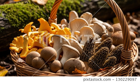 Fresh Wild Mushrooms Collection in Wicker Basket 130229097