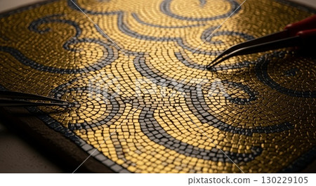 Golden mosaic floor pattern with curved flowing design and cables 130229105