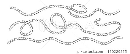 Black and white vector depiction of twisted rope designs creating loops and curves. Minimalistic style. Vector. 130229255
