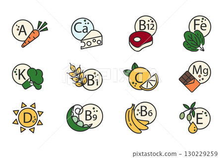 Vitamin, Nutrient Mineral Color Icons.Vector Illustration. Editable Stroke. 130229259