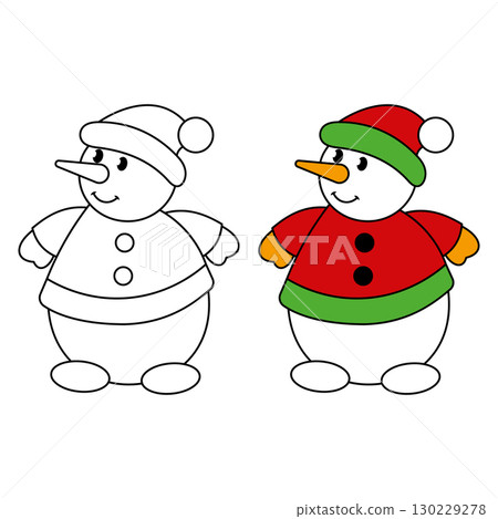 Christmas Snowman Vector Illustration. Colored and Outline Version. This charming winter themed design is ideal for Christmas cards, holiday decorations. 130229278
