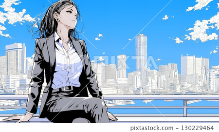 A confident businesswoman walking down a sunny city street 130229464