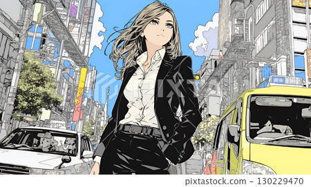 A confident businesswoman walking down a sunny city street 130229470