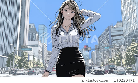 A confident businesswoman walking down a sunny city street 130229471
