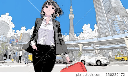 一位自信的女商人走在陽光明媚的城市街道上 130229472