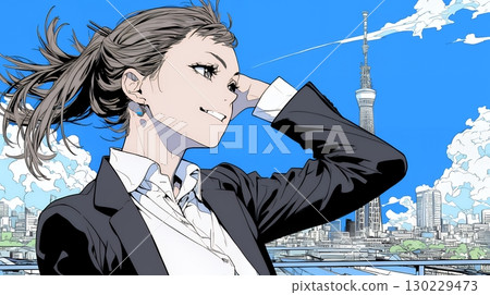 一位自信的女商人走在陽光明媚的城市街道上 130229473