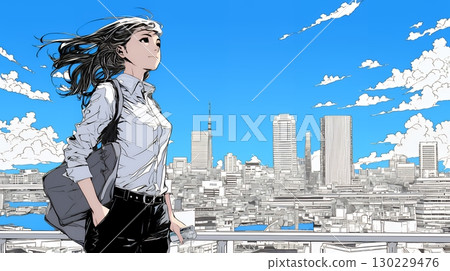 A confident businesswoman walking down a sunny city street 130229476