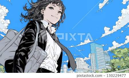 A confident businesswoman walking down a sunny city street 130229477