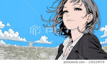 A confident businesswoman walking down a sunny city street 130229478