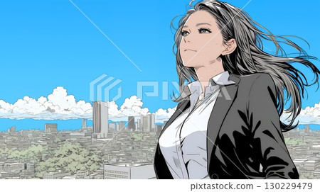 A confident businesswoman walking down a sunny city street 130229479