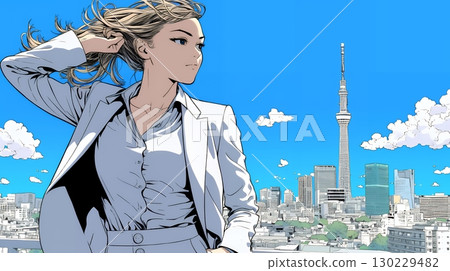 A confident businesswoman walking down a sunny city street 130229482