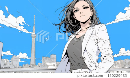 A confident businesswoman walking down a sunny city street 130229483