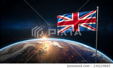 A union jack flag over earth with sunrise in space background view shot 130229685