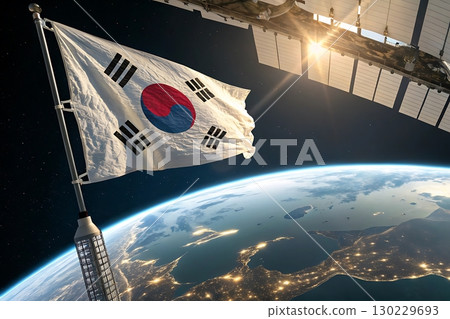 South korean flag waving in space with earth and satellite in background 130229693