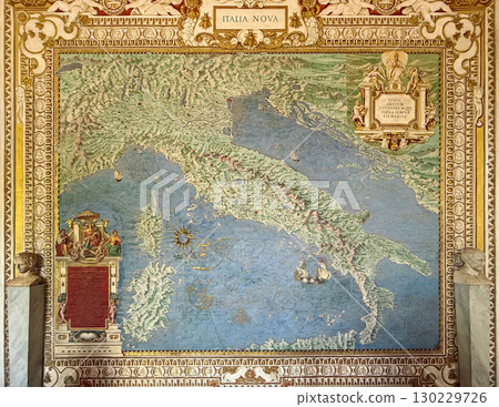 VATICAN CITY, ROME, ITALY - AUGUST 02, 2025 A vast, detailed historical map of Italy and its surrounding seas, painted on a wall. Italia Nova inside galleria delle carte geografiche 130229726
