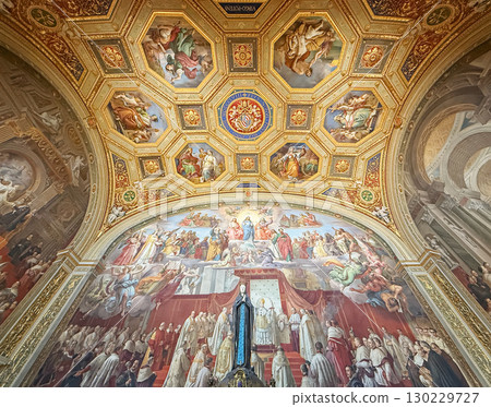 VATICAN CITY, ROME, ITALY - AUGUST 02, 2025 Room of the Immaculate Conception with view to the grand, vaulted ceiling with ornate gilded stucco and wall fresco with painted biblical scenes VATICAN CITY, ROME, ITALY - AUGUST 02, 2025 Room of the Immaculate Conception with view to the grand, vaulted ceiling with ornate gilded stucco and wall fresco with painted biblical scenes 130229727